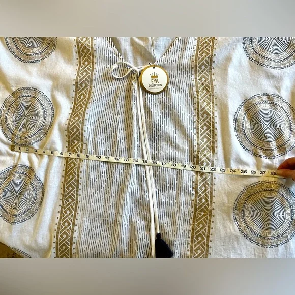 NWT Eya Collection White Tunic Gauzy Coverup, Gold & Blue Mediterranean Print - Picture 11 of 13